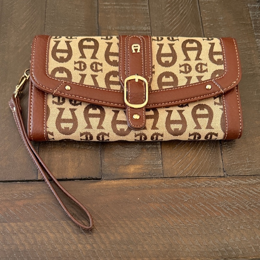 Etienne Aigner Brown and Cream Logo Wristlet